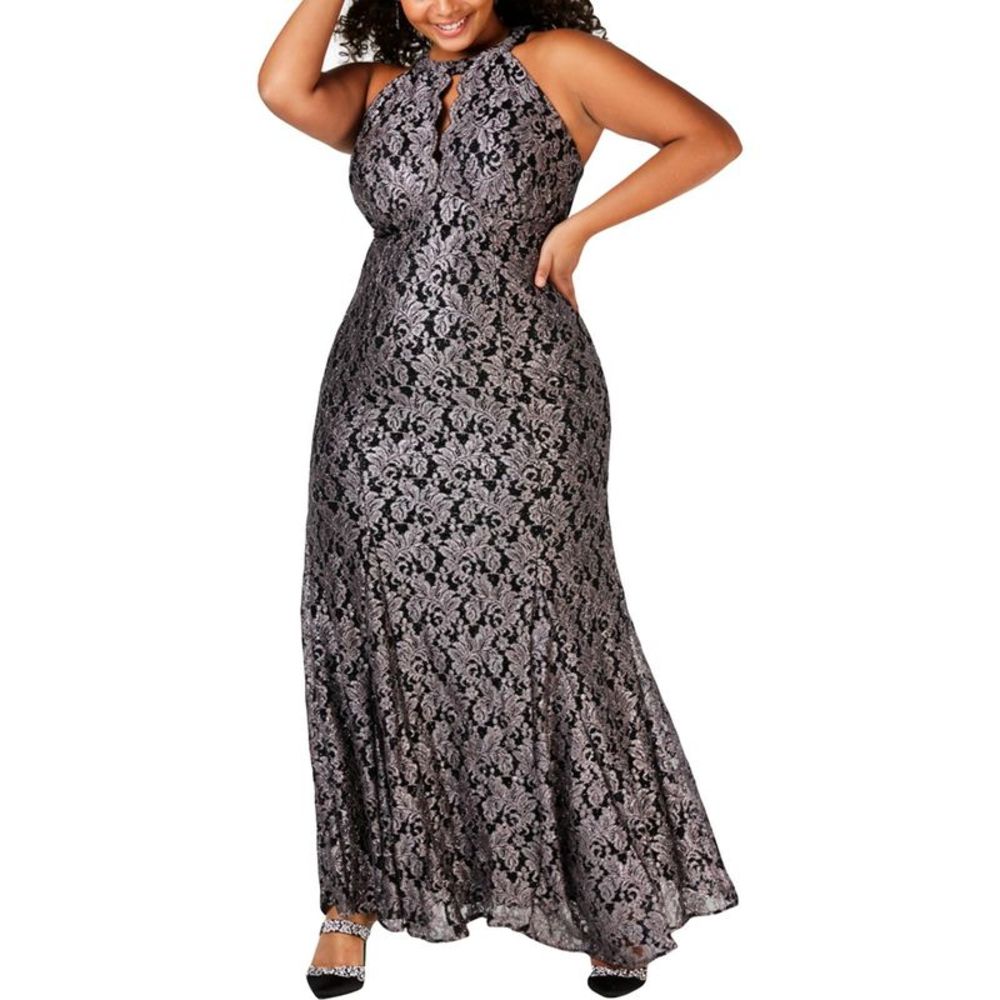 Nightway Women's Glitter Lace Gown Dress Gray Size 14W